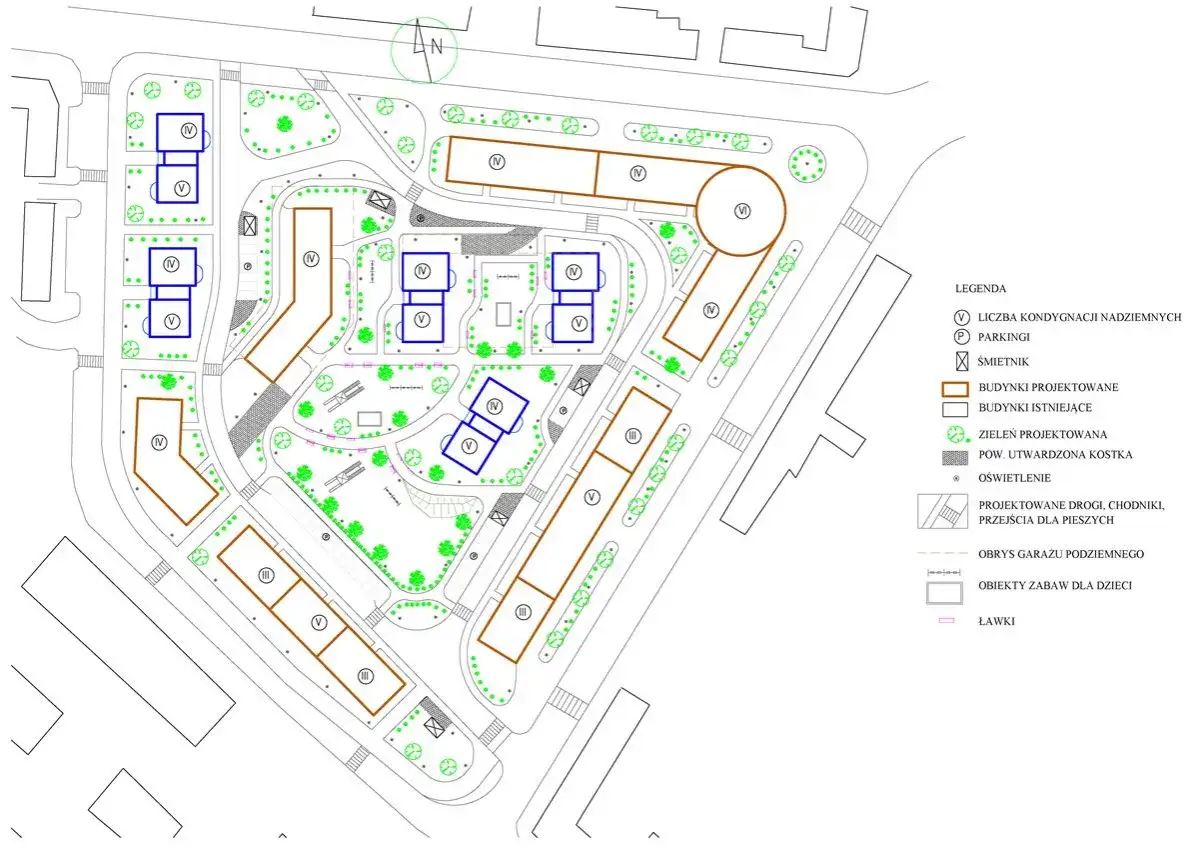 Plan osiedla z zaznaczonymi budynkami, parkingami, zielenią i drogami. Jak narysować plan osiedla? Ten schemat pokazuje kluczowe elementy.