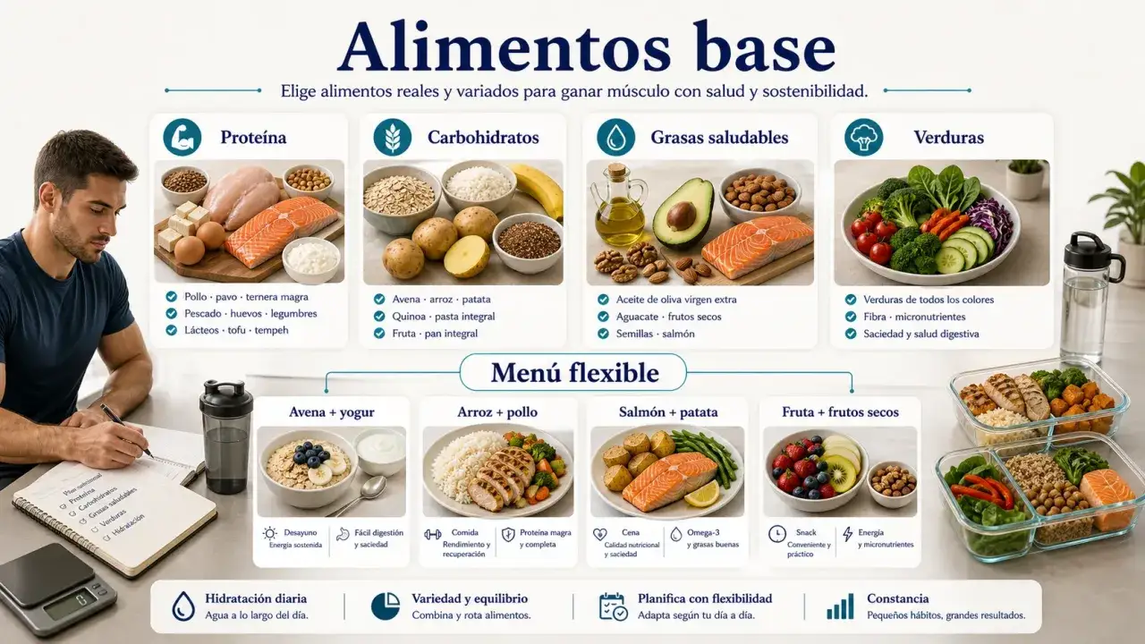 Gu&iacute;a para saber como engordar de forma sana: prote&iacute;nas, carbohidratos, grasas saludables y verduras. Men&uacute; flexible con ejemplos.