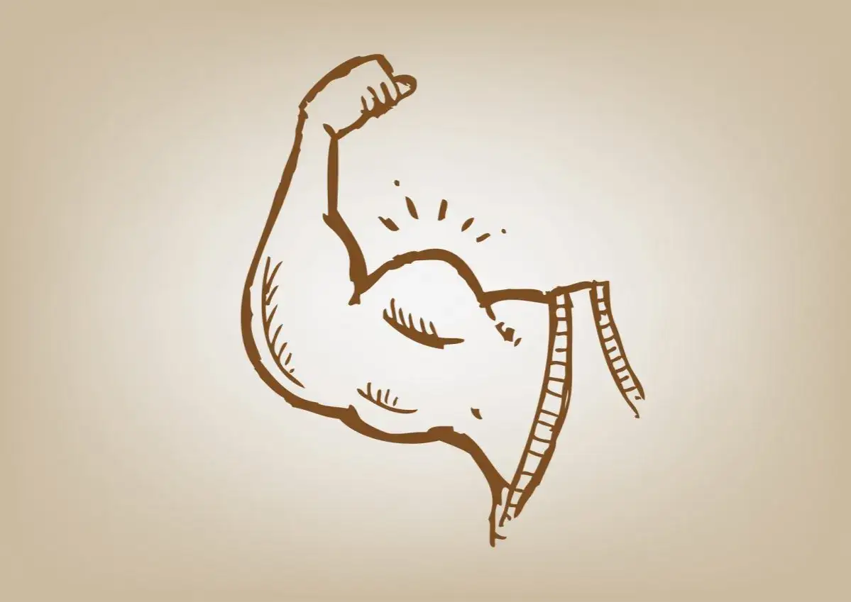 Dłoń zaciska się w pięść, ukazując potężny biceps. Mięsień napina się, a wokół niego widać błyskawice, symbolizujące energię. To siła napędzana przez **glikogen**.