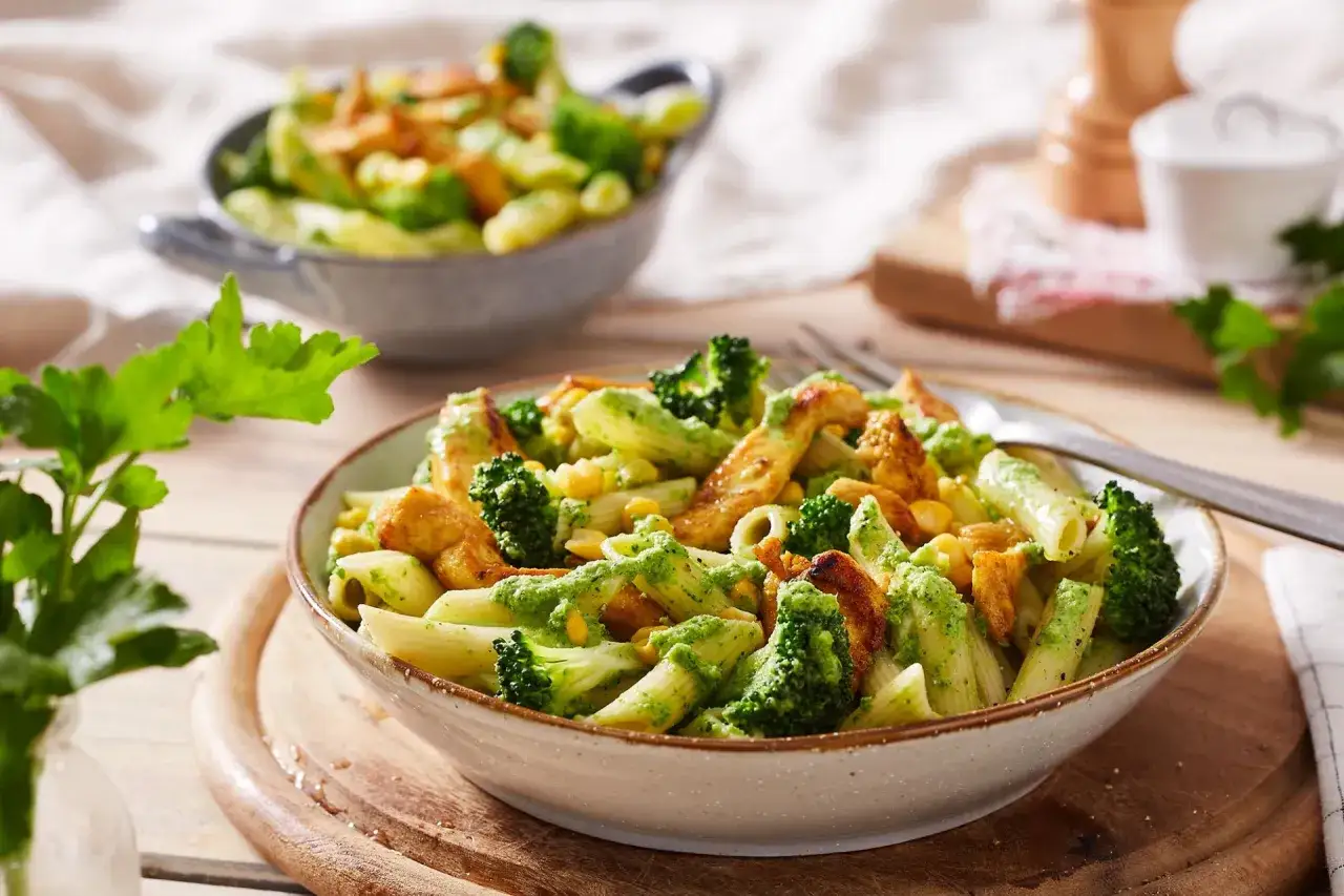 Gesunde Rezepte Mittagessen: Penne mit H&auml;hnchen, Brokkoli und Mais in cremiger Kr&auml;utersauce.