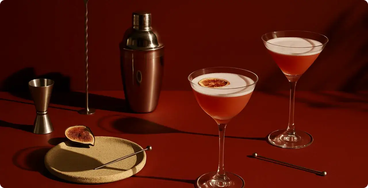 Eleganckie, popularne drinki z pianką i plasterkiem cytrusa, obok shakera i akcesoriów barmańskich.