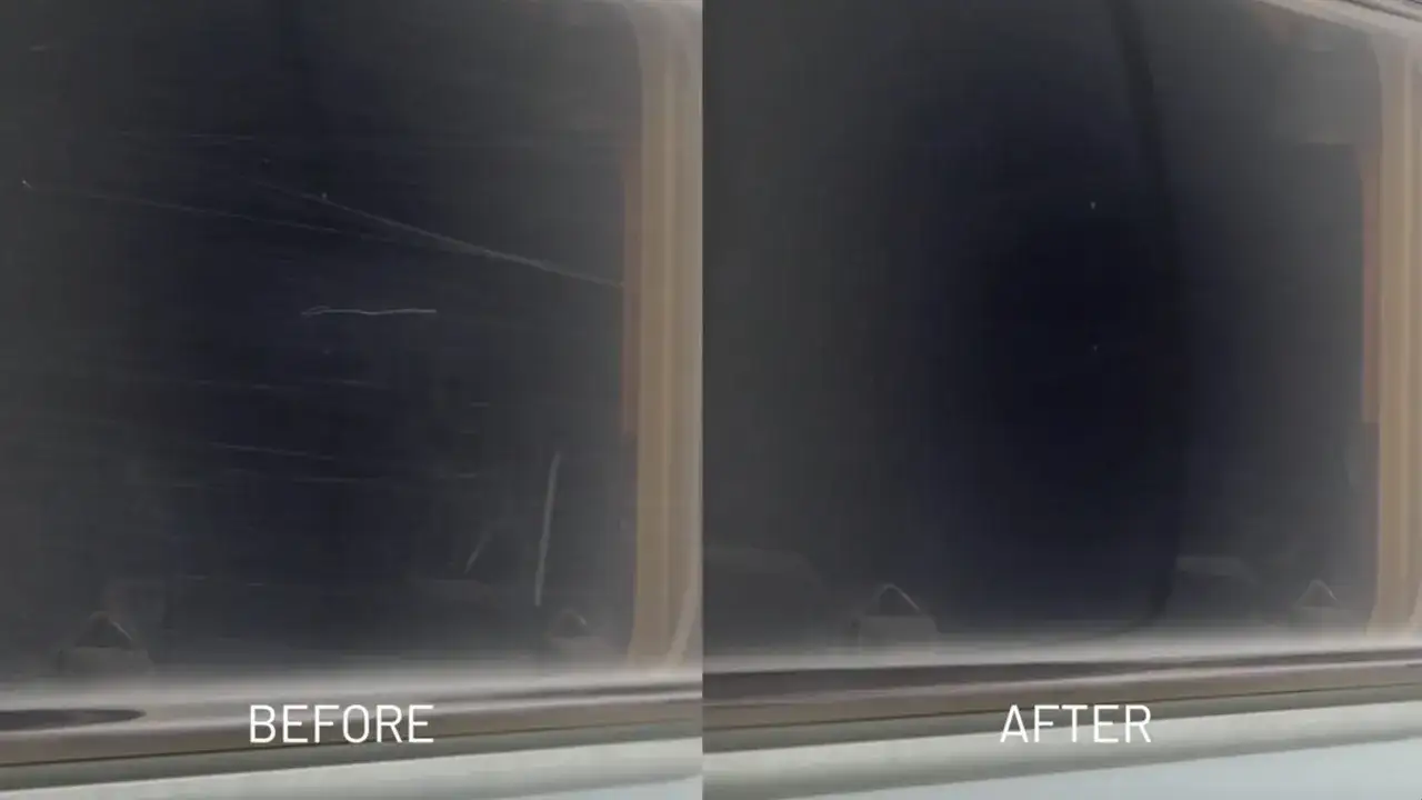 Before and after comparison showing how to get scratches out of plexiglass. The left side is heavily scratched, the right side is clear.