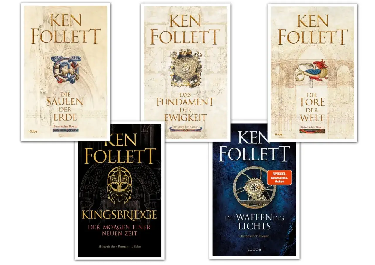 F&uuml;nf Buchcover von Ken Folletts Kingsbridge Saga: 