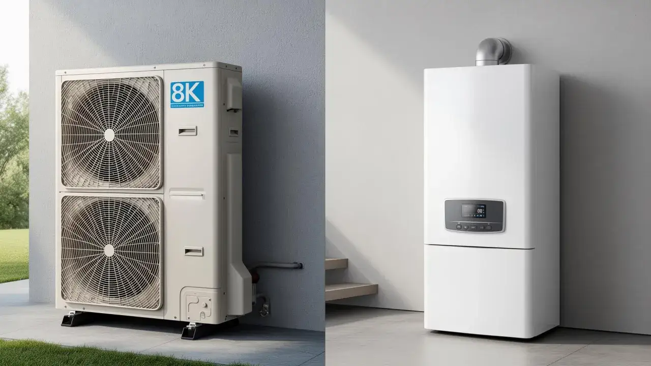 Comparaison d'une pompe &agrave; chaleur ext&eacute;rieure et d'une chaudi&egrave;re murale blanche.
