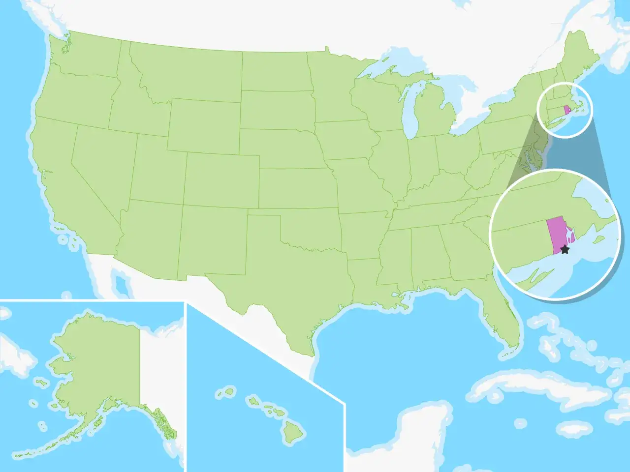 Mapa USA z zaznaczonym Rhode Island, najmniejszym stanem USA, z powiększeniem na jego obszar.