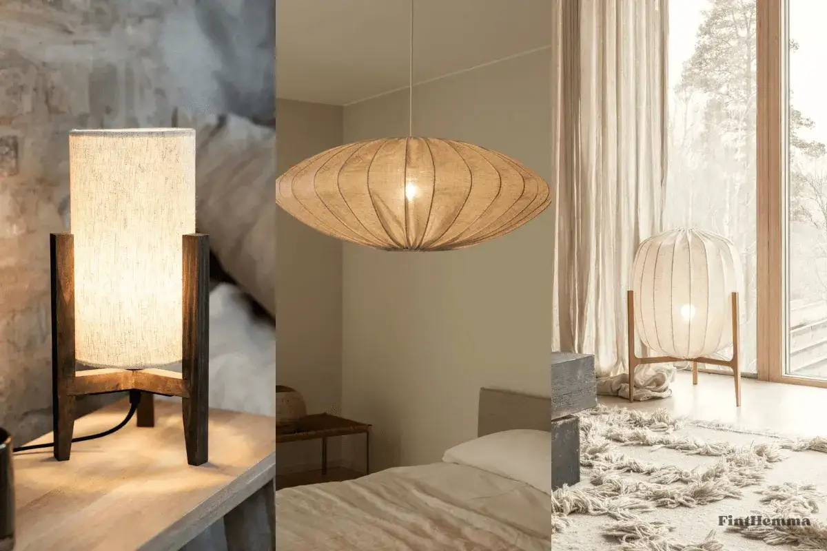 Mysig belysning sovrum inspiration med tre olika lampor i naturliga material. En bordslampa, en taklampa och en golvlampa.