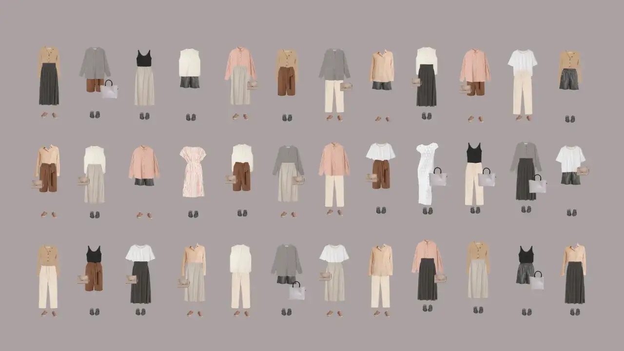 Vielfältige Outfits im femininen Kleidungsstil: Röcke, Hosen, Blusen und Kleider in sanften Farben, kombiniert mit Accessoires.