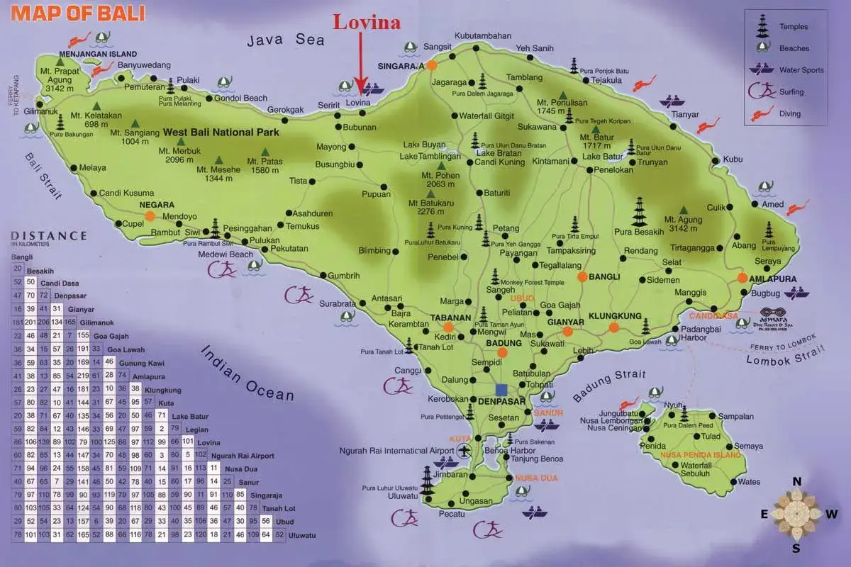 Mapa Bali z zaznaczoną Loviną, popularnym miejscem do obserwacji delfinów.