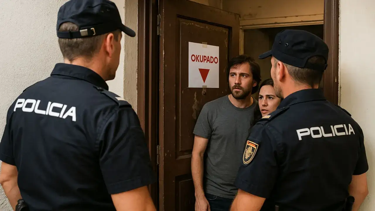 Policías observan a una pareja frente a una puerta con un cartel de
