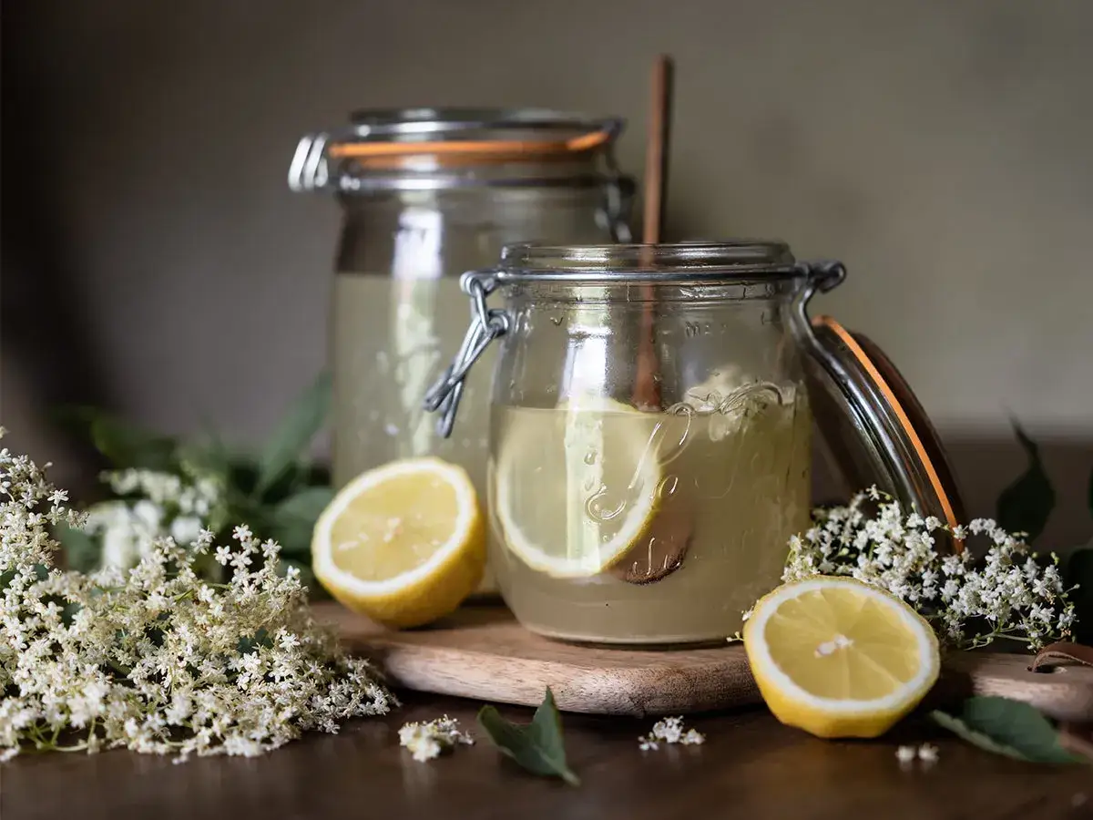 Deux bocaux de purin de sureau, ornés de citrons et de fleurs de sureau, prêts à être dégustés.
