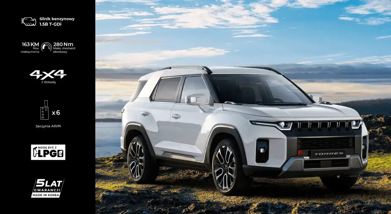 SsangYong Torres cena: biały SUV z napędem 4x4, silnikiem 1.5 T-GDi i 6-biegową skrzynią AISIN. Idealny na każdą drogę.