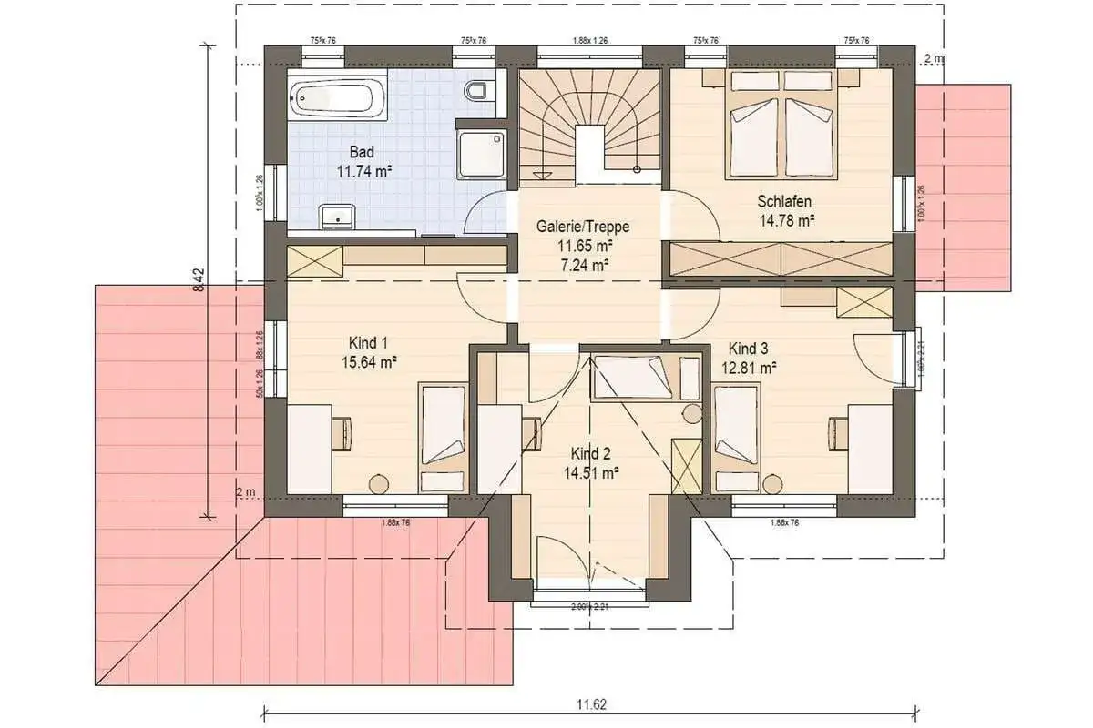 Grundriss eines modernen Fertighauses mit drei Kinderzimmern, einem Elternschlafzimmer, Bad und Galerie/Treppe.