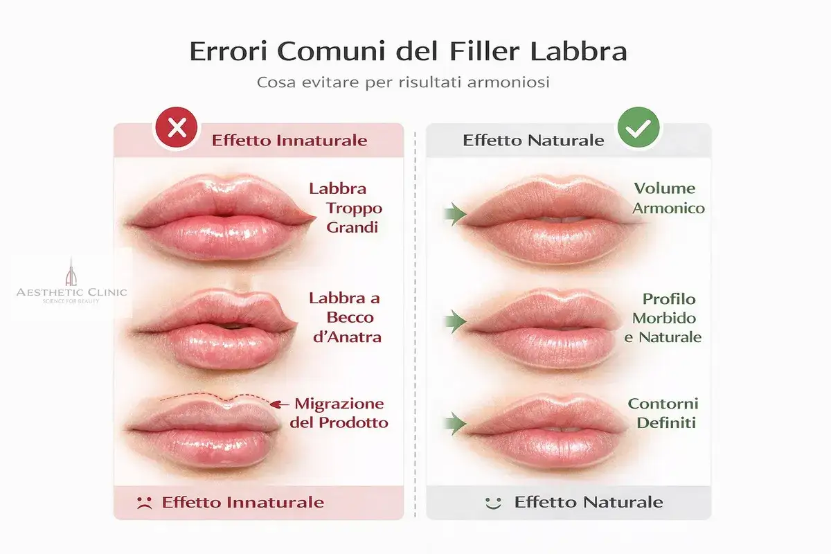 Confronto tra filler labbra: effetti innaturali (labbra troppo grandi, a becco d'anatra, migrazione) e naturali (volume armonico, profilo morbido, contorni definiti).