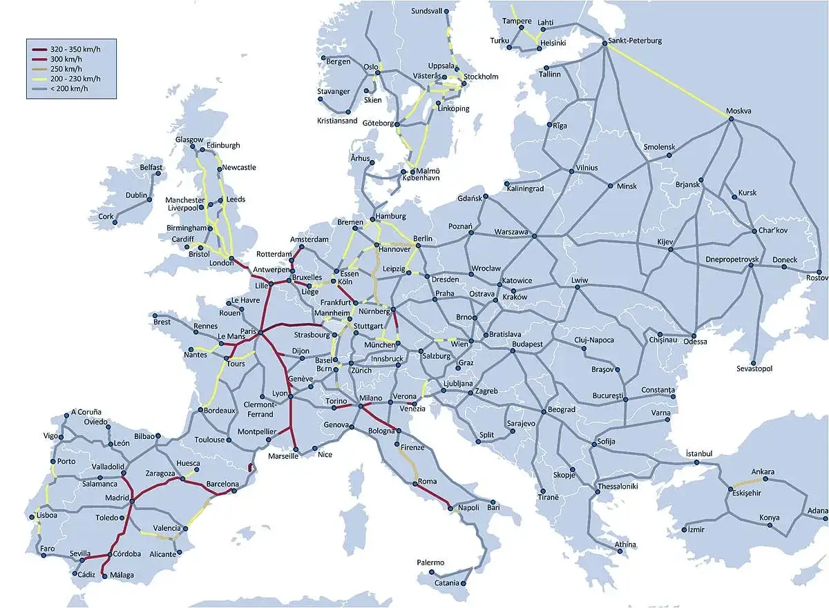 Dr&ouml;mmer du om att t&aring;gluffa Europa? Denna karta visar h&ouml;ghastighetst&aring;g och ger inspiration f&ouml;r din resa.