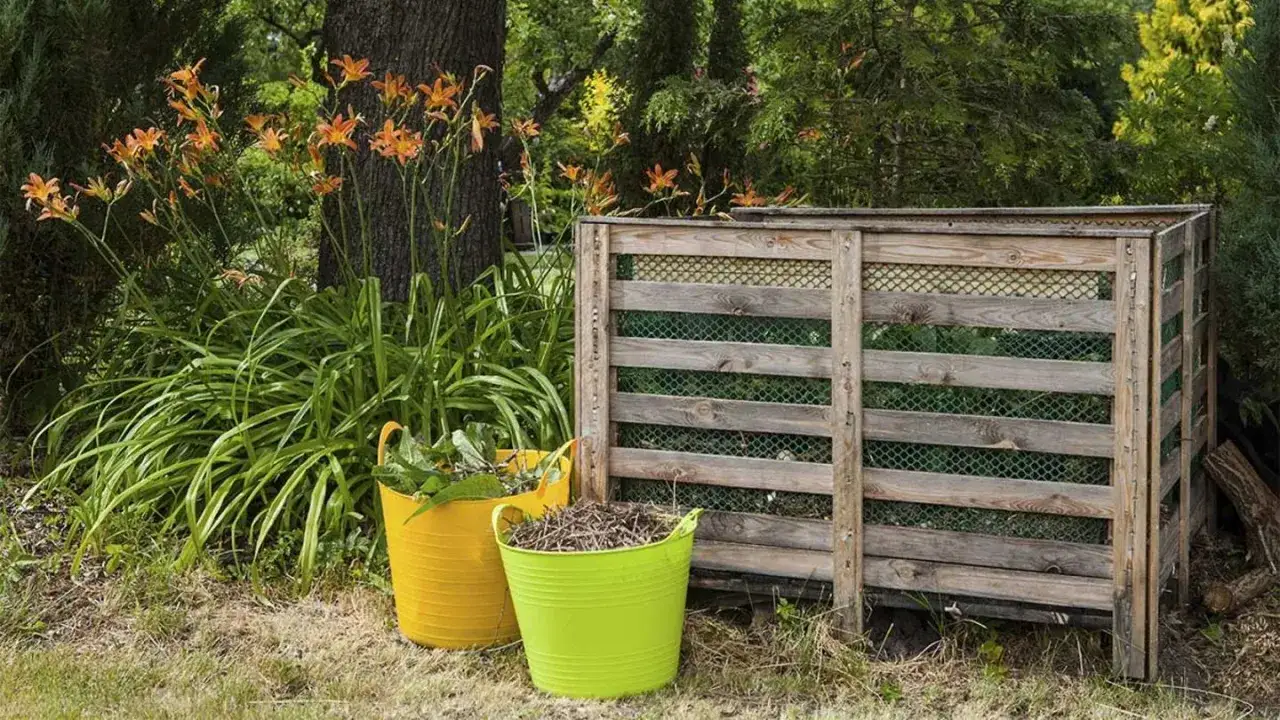 Zwei Eimer, gefüllt mit Gartenabfällen, stehen neben einem Komposter. Ein schöner **Bio-Garten** im Sommer.