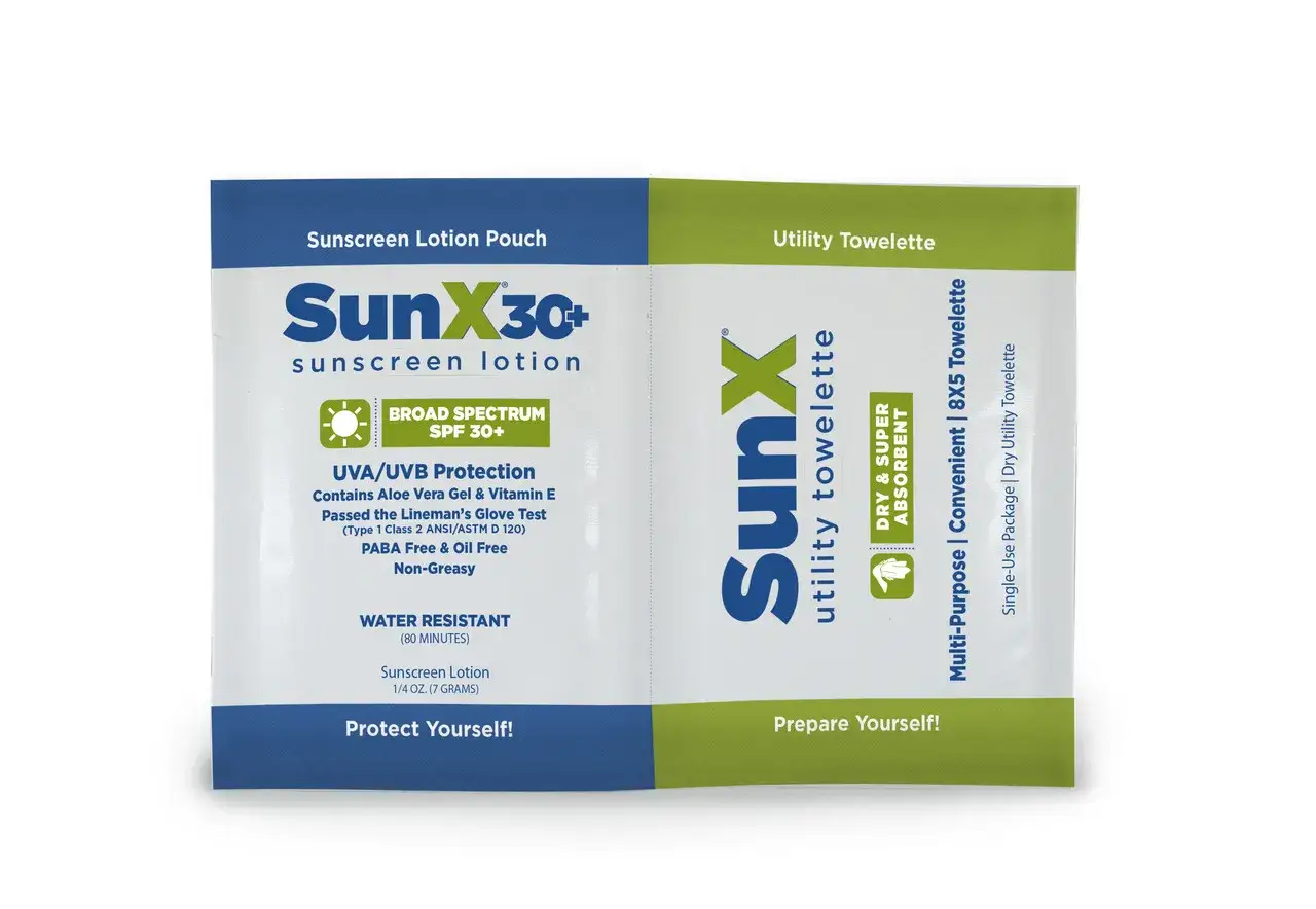 SunX Sonnenschutz-Tuch mit LSF 30+ und ein SunX Utility Towelette. Erklärt den Unterschied zwischen LSF und SPF.