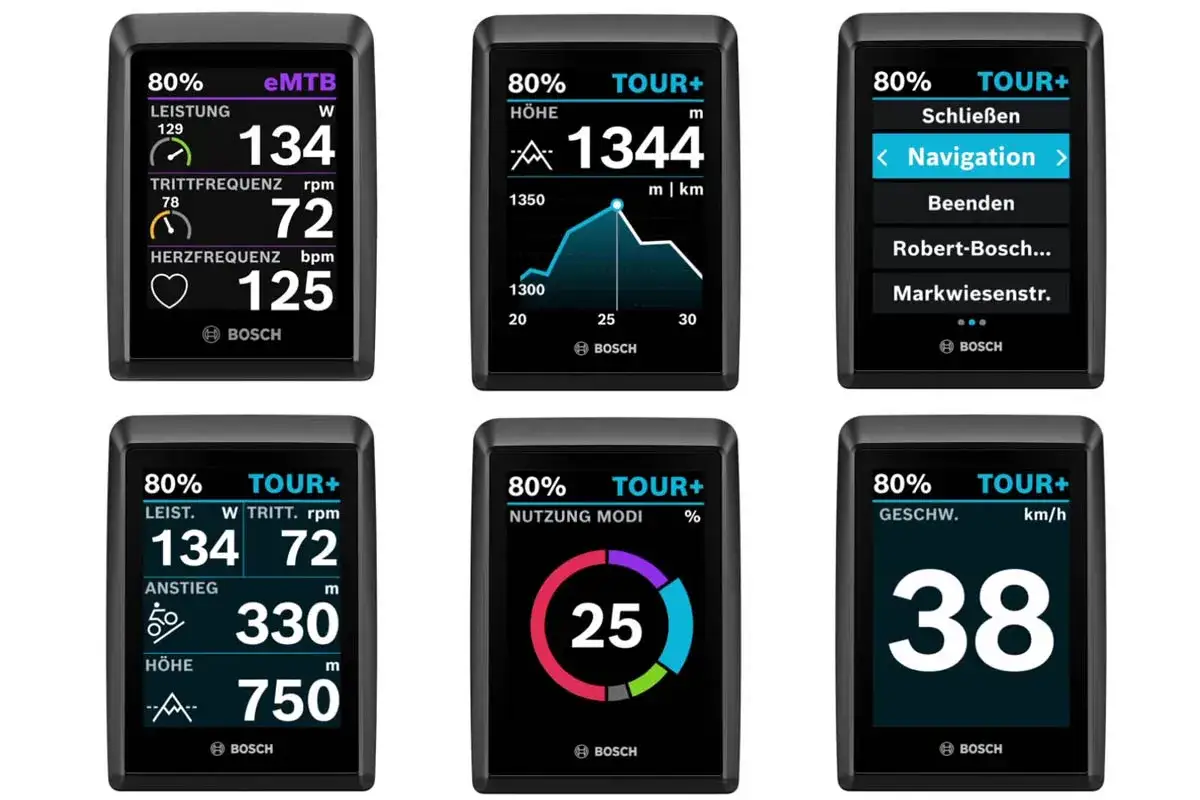 Bosch eBike Displays: eMTB-Leistung, Höhenprofil, Navigation, Tour-Daten, Nutzungsmodi & Geschwindigkeit. Gute Bosch Auto-Modus Erfahrungen sind hier sichtbar.