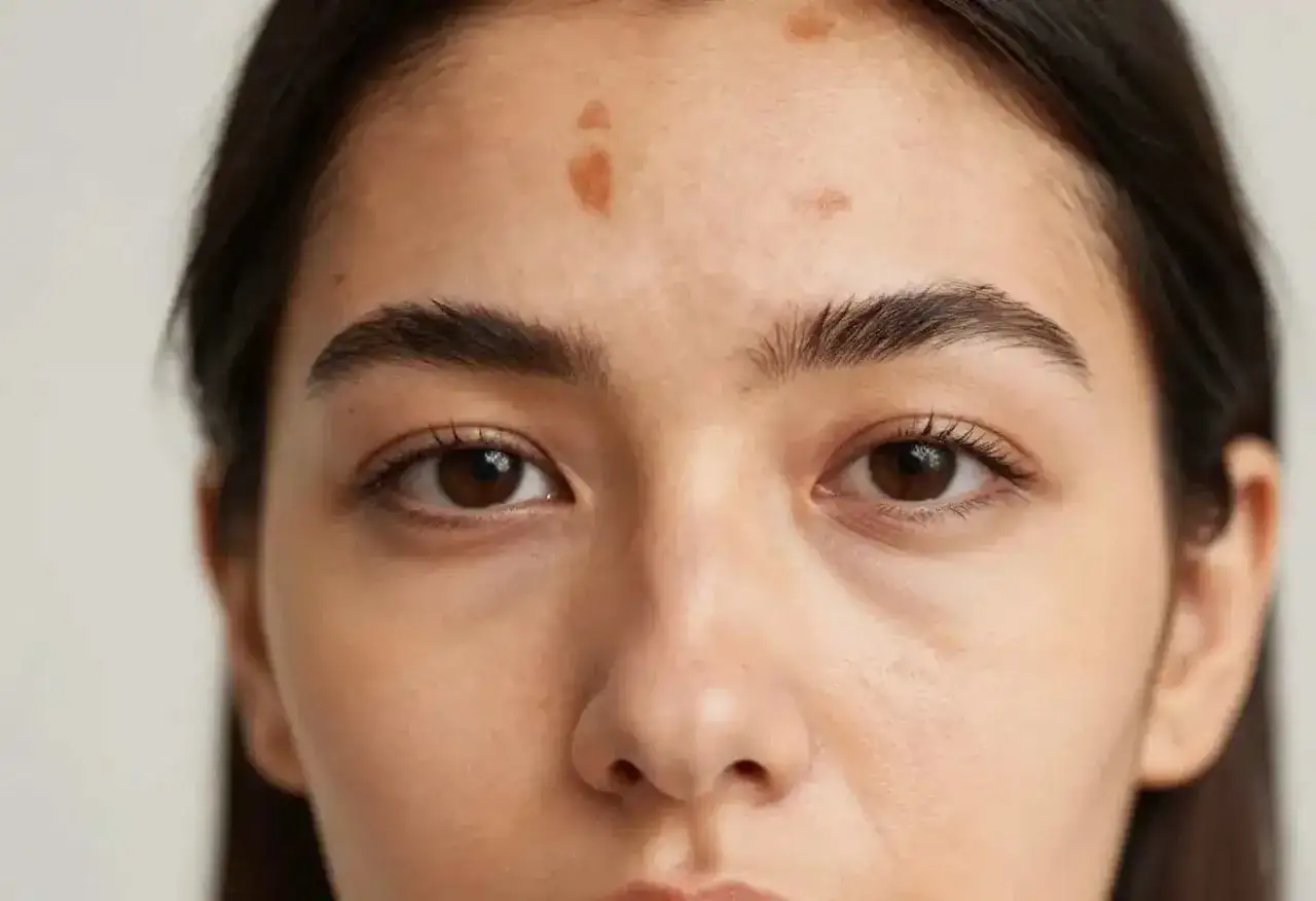 Visage d'une jeune femme montrant des taches brunes sur le front, signes de d&eacute;g&acirc;ts du soleil sur la peau.