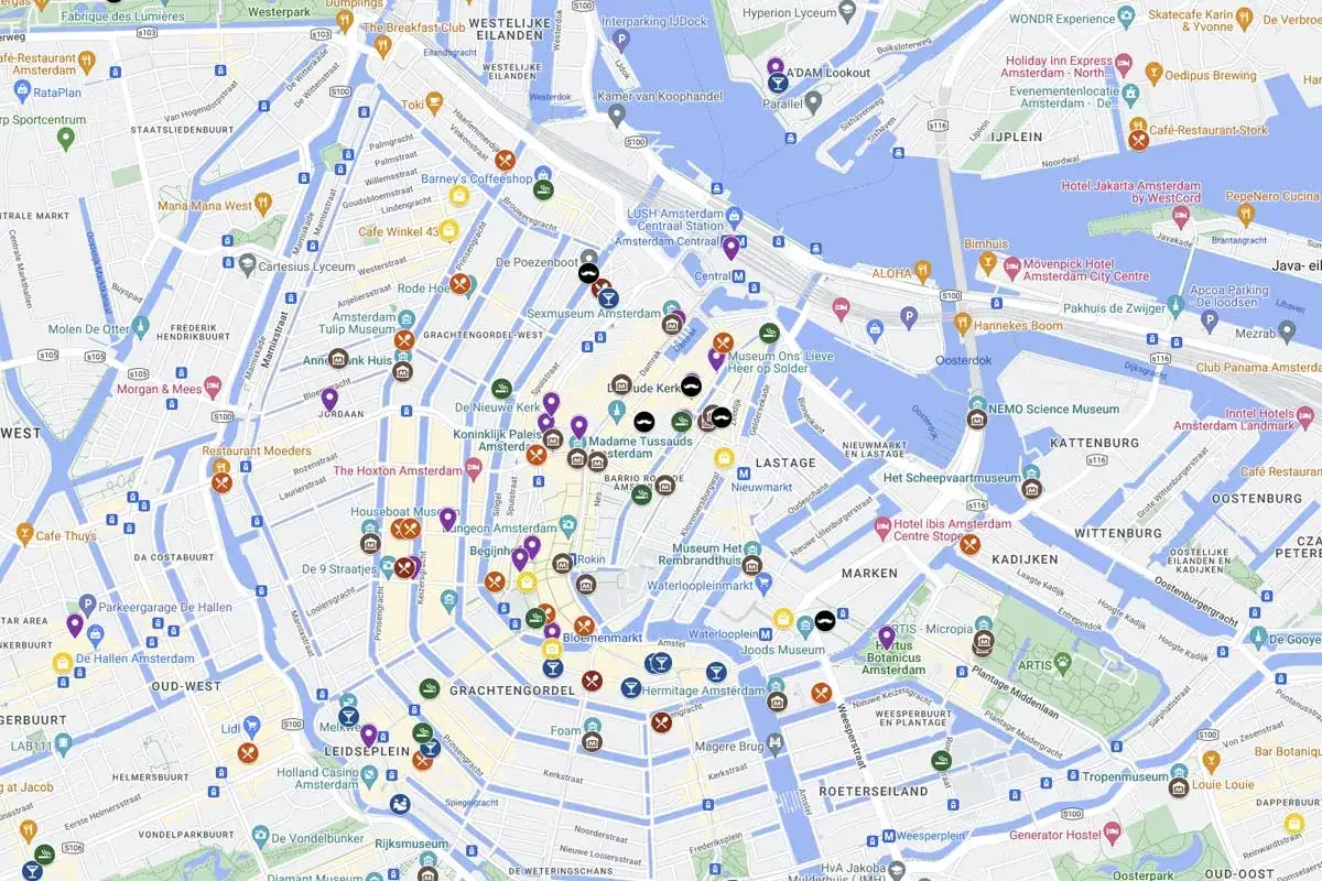 Mapa de Ámsterdam con puntos de interés para saber qué ver en Ámsterdam en 2 días: museos, canales y barrios.