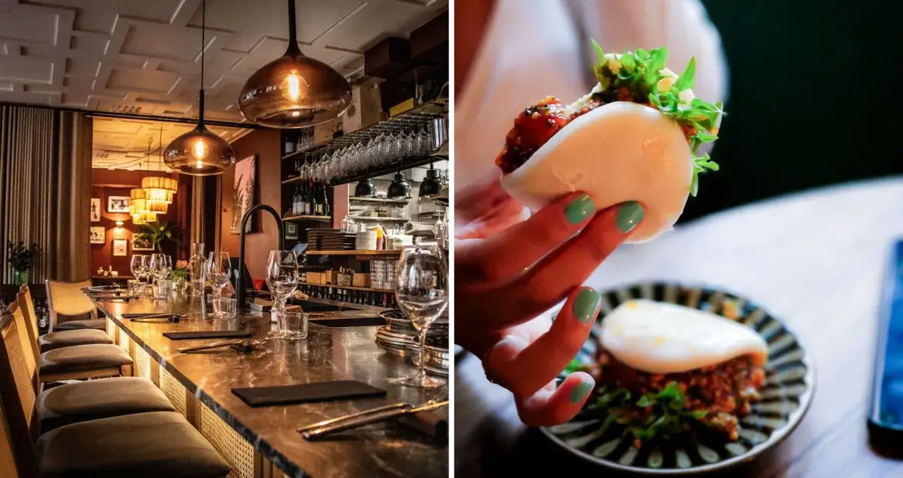 En elegant bar i Stockholm med italiensk k&auml;nsla. En hand h&aring;ller en l&auml;cker bao-bun med gr&ouml;nt.