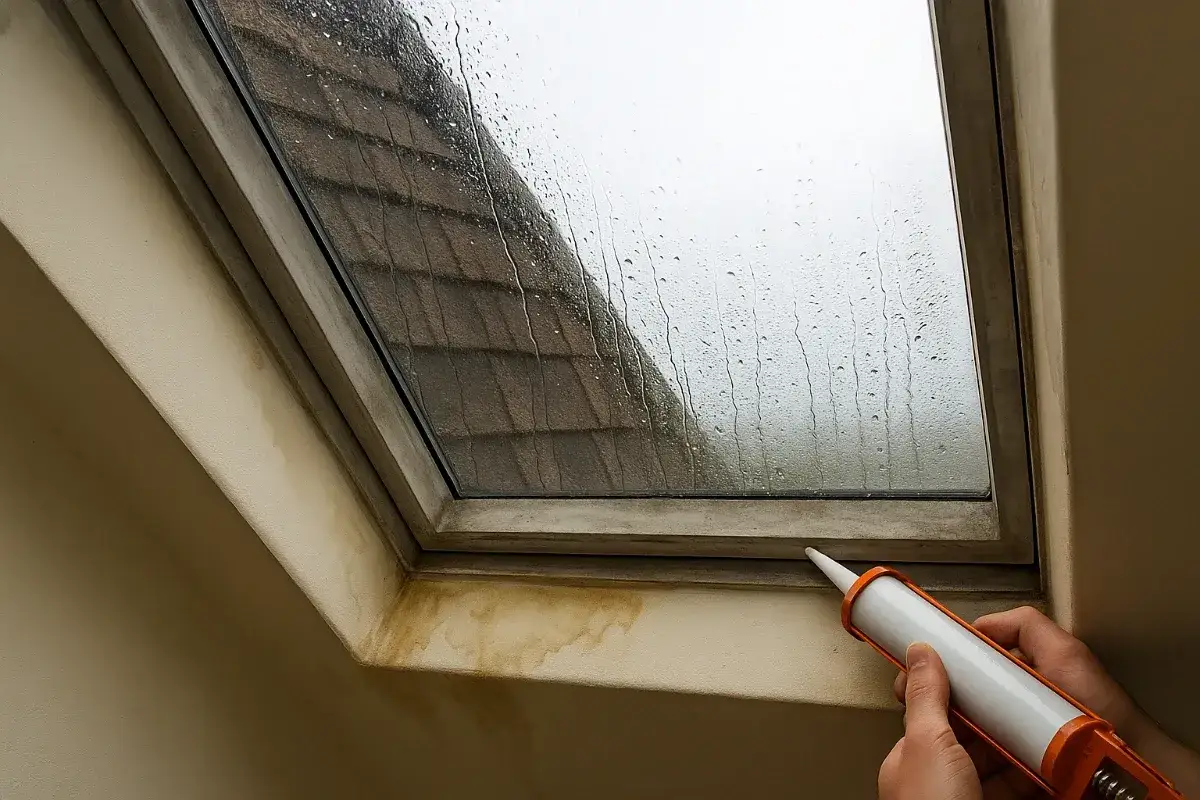 Hands apply sealant to a skylight frame, addressing water stains from a skylight leak repair.