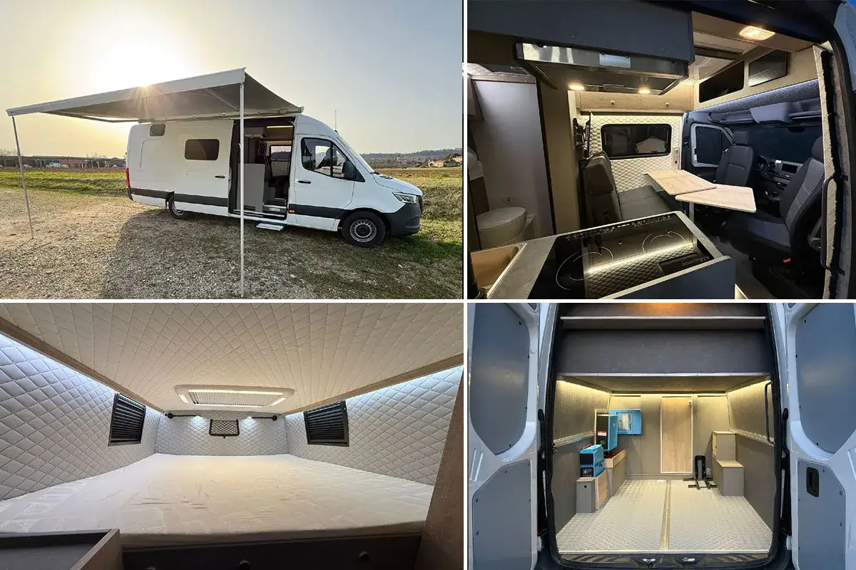 Camping car am&eacute;nag&eacute; avec un espace couchage confortable, une cuisine fonctionnelle et un coin repas. Id&eacute;al pour vos aventures en moto.