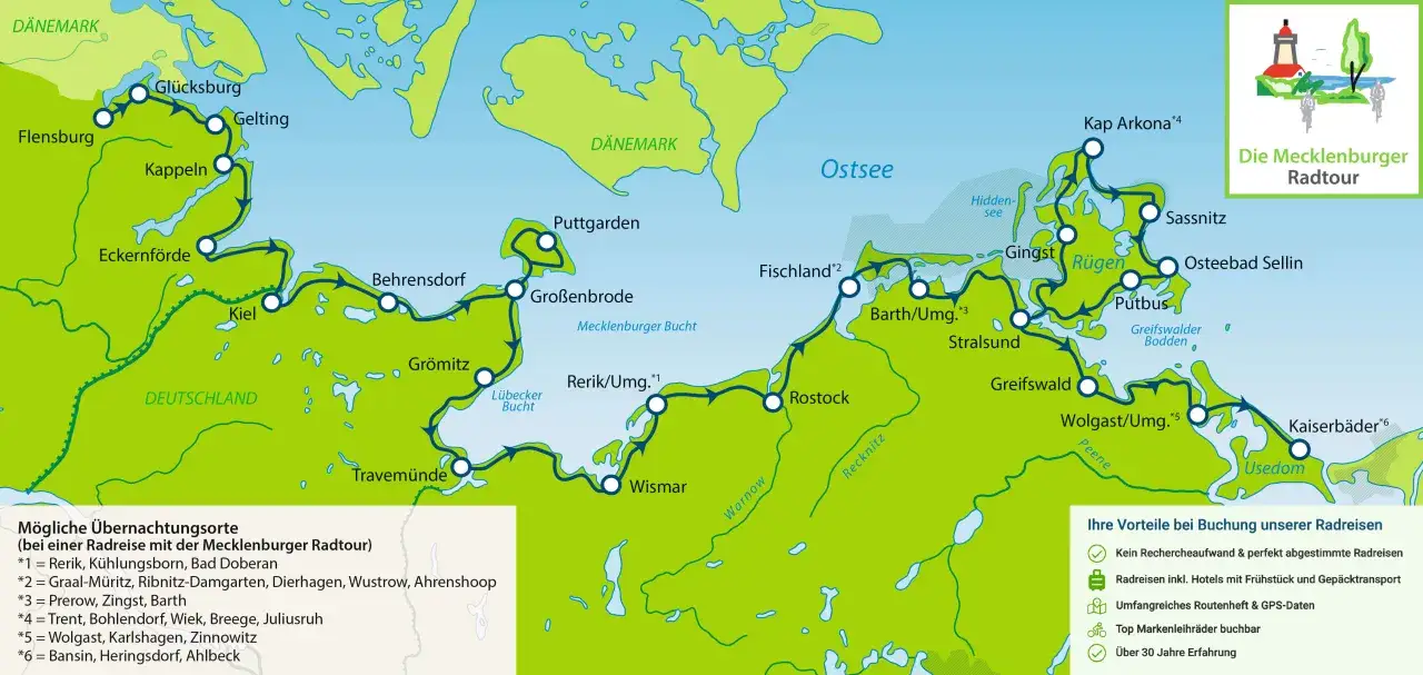 Karte der Mecklenburger Radtour entlang der Ostsee, von Dänemark bis Usedom, mit Stationen wie Berlin-nahen Orten und Küstenstädten.