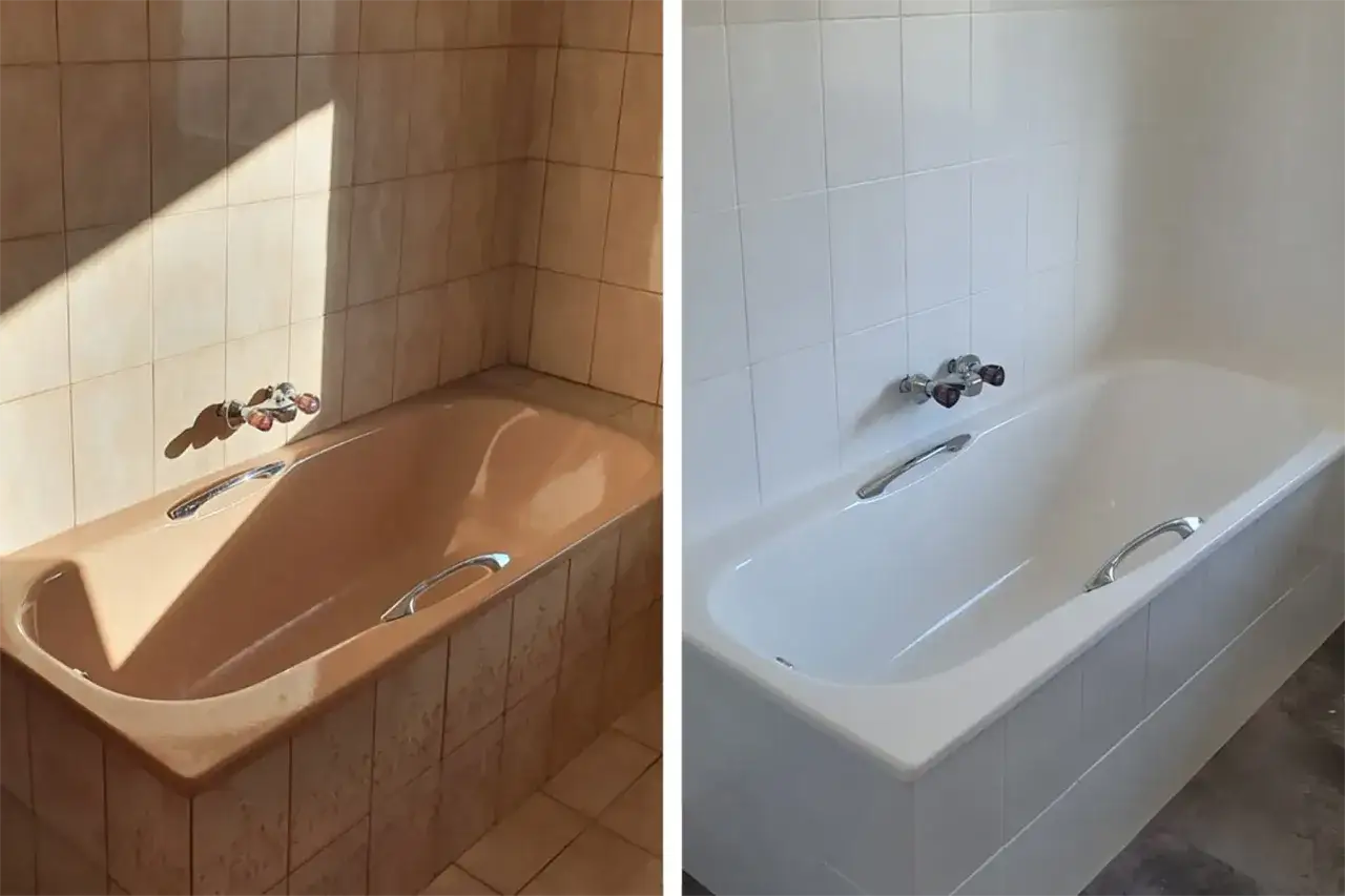 Vorher-Nachher-Vergleich: Braune Badewanne und Fliesen werden zu einem strahlend weißen Bad. Eine gelungene Verwandlung durch Fliesen streichen.