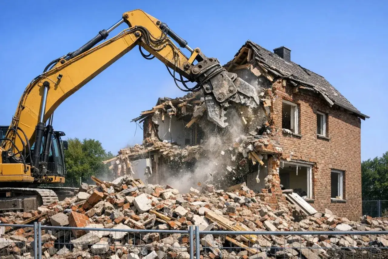 Ein Bagger rei&szlig;t ein Ziegelhaus ab. Staub wirbelt auf, w&auml;hrend die Abrisskosten steigen.