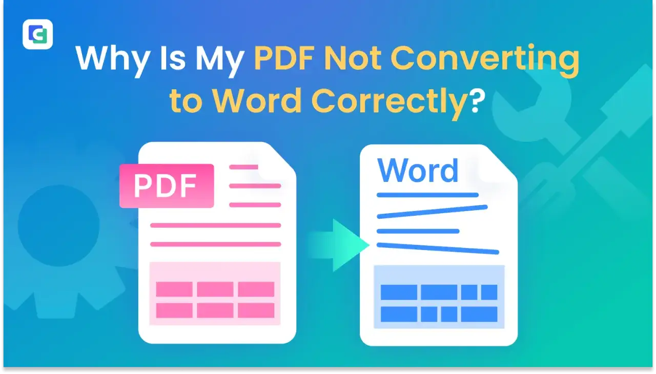 Ilustracja pokazuje proces konwertowania z PDF do Word. Dwa dokumenty, jeden z etykietą PDF, drugi z etykietą Word, połączone strzałką.