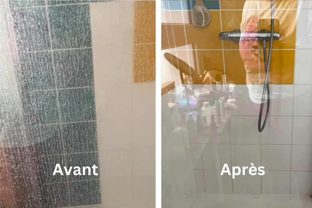 Avant/Apr&egrave;s : le nettoyage de vitre de douche a transform&eacute; le calcaire en brillance.