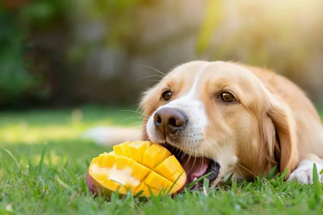 Złoty retriever z apetytem gryzie soczyste mango. Czy pies może mango? Ten słodki łasuch zdaje się odpowiadać twierdząco!