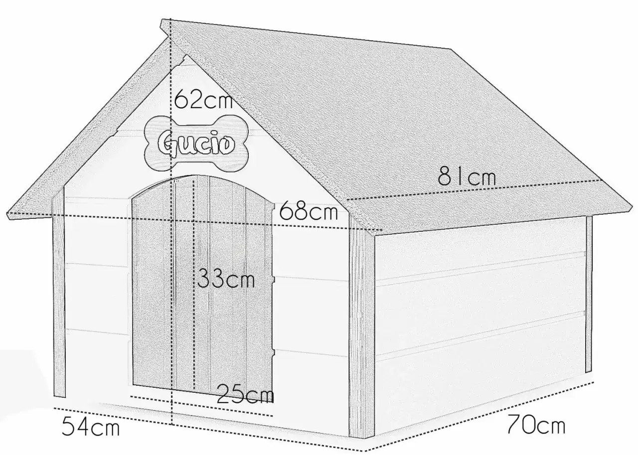 Szkic budy dla psa z wymiarami: wysokość 62cm, szerokość 70cm, długość 81cm. Wejście 33x25cm.