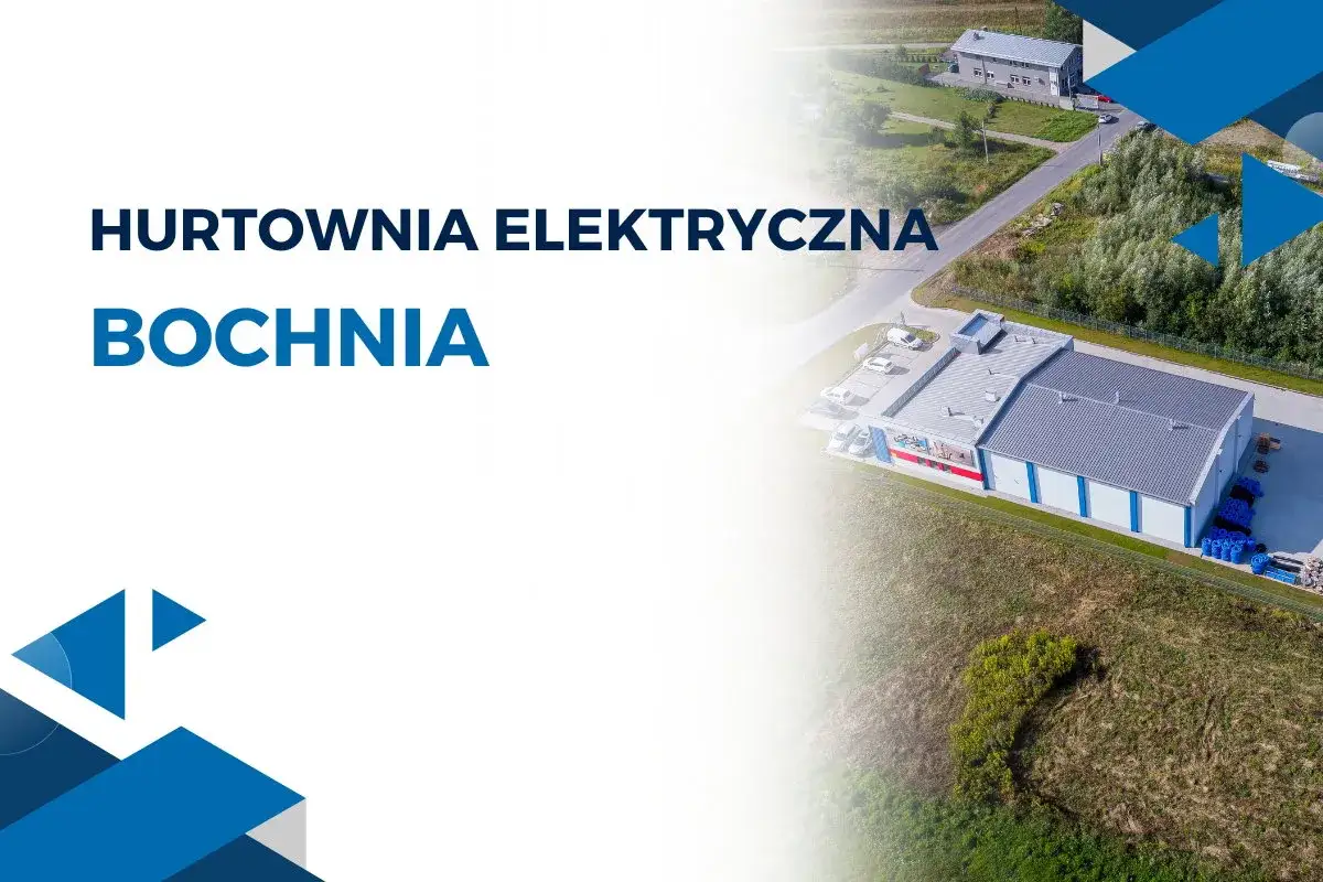Hurtownia elektryczna Bochnia - nowoczesny obiekt z zapleczem magazynowym i biurowym, otoczony zielenią.