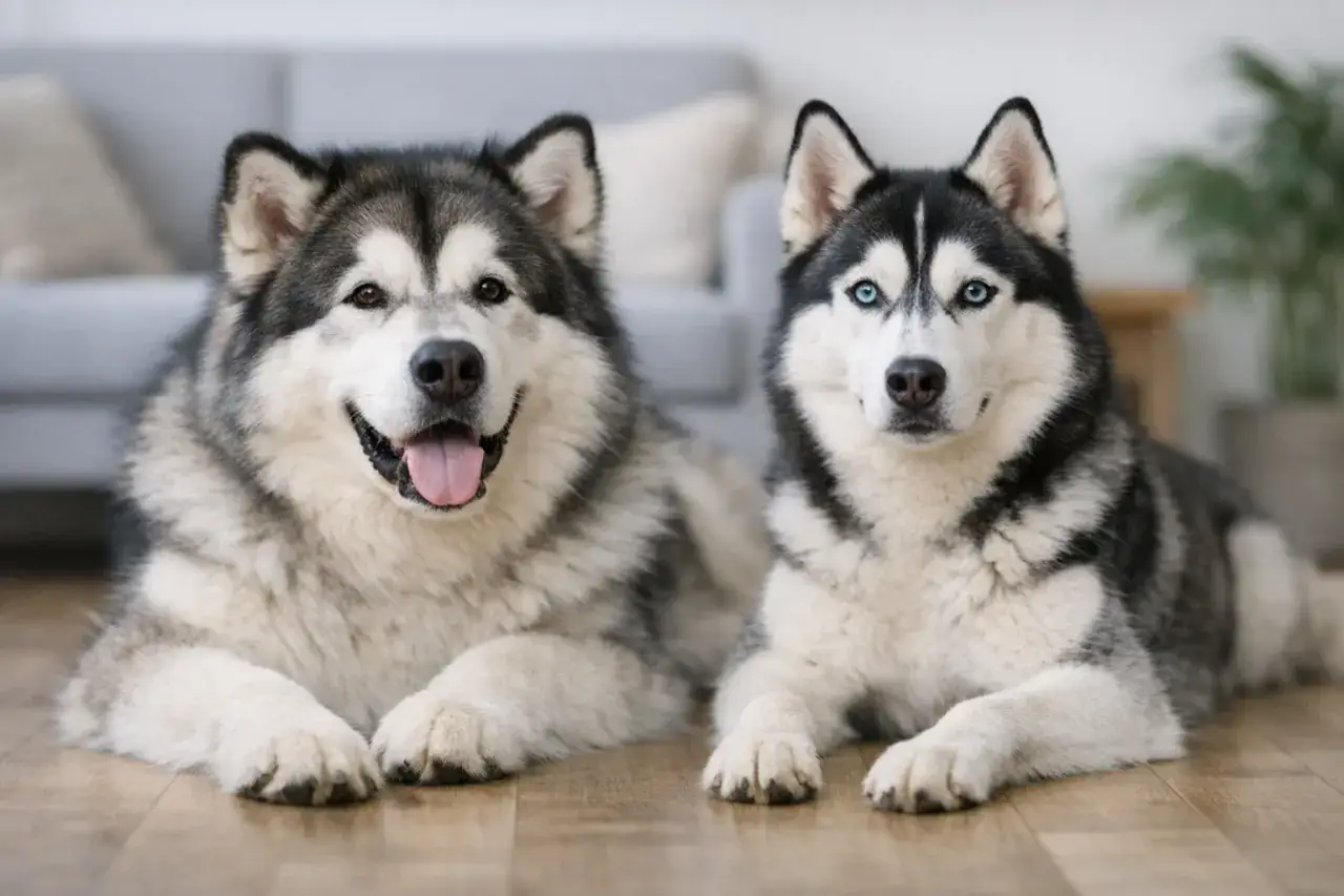 Dwa psy, alaskan malamute i husky, leżą na podłodze. Jeden ma niebieskie oczy, drugi brązowe.