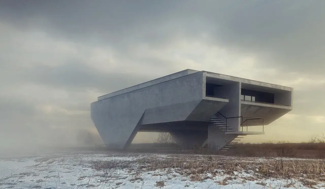 Surowa bryła domu, przykład brutalizm architektura, unosi się nad mglistym, zimowym krajobrazem.