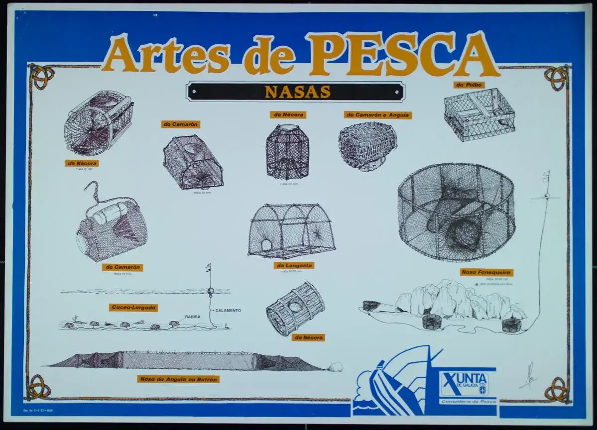 Ilustraciones de diversos tipos de nasas de pesca, como las de nécora, camarón, pulpo, langosta y anguila, mostrando sus diseños y mallas.