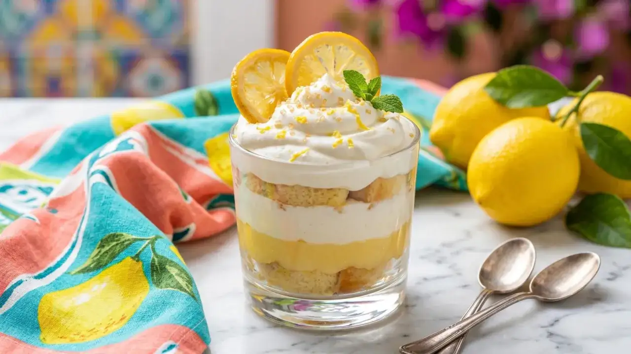 Delizioso semifreddo al limone a strati in un bicchiere, guarnito con panna montata, fette di limone e menta.