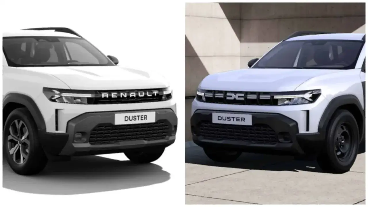 Dwa białe SUV-y, jeden z napisem RENAULT, drugi z logo Dacia, oba z nazwą DUSTER.