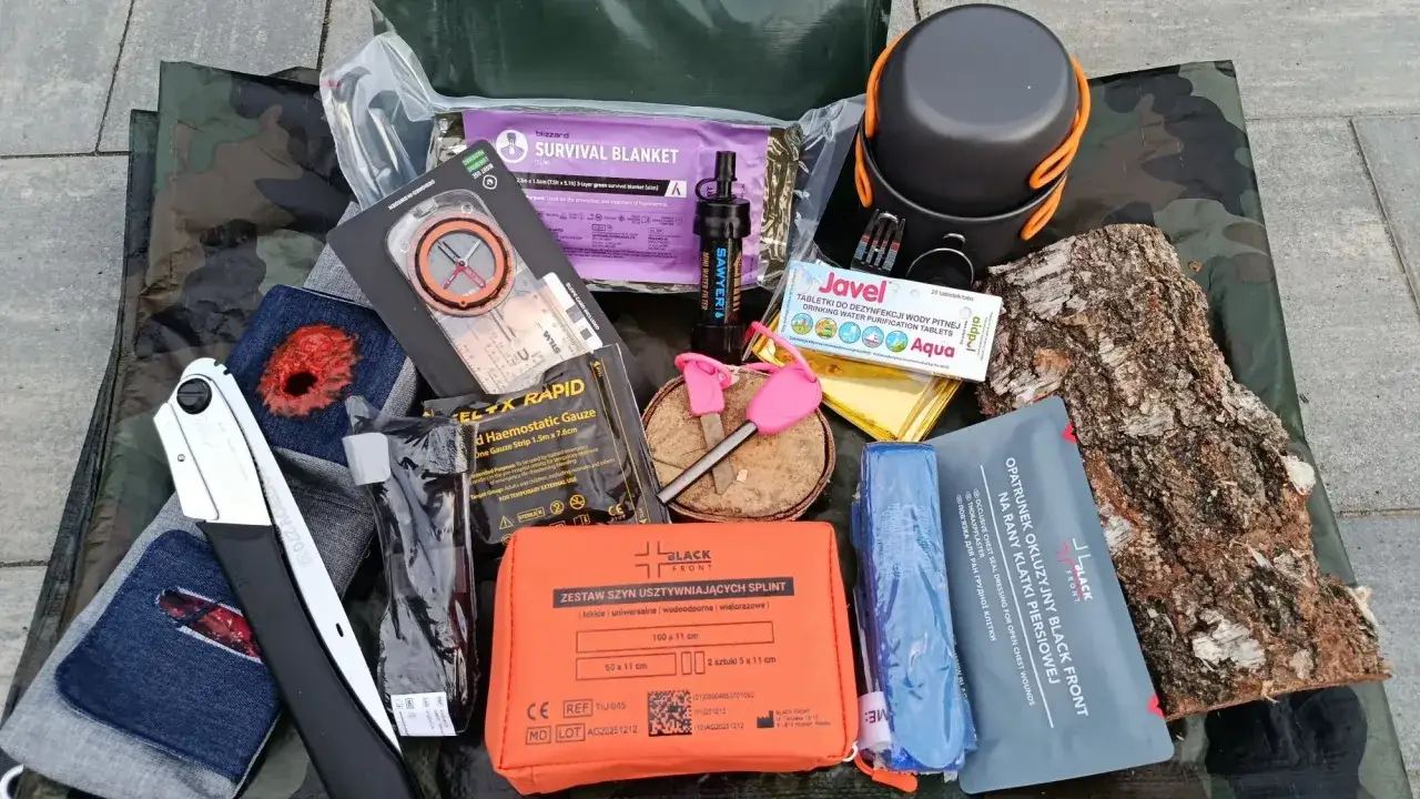 Zestaw do survivalu: koc ratunkowy, filtr do wody, kompas, opatrunki, szyny, tabletki do uzdatniania wody. To wszystko, co potrzebne, by przetrwać.