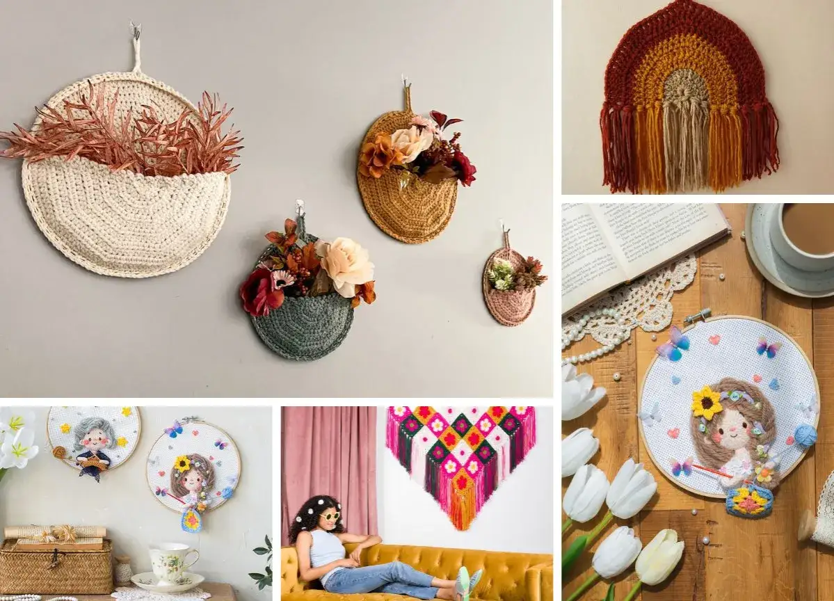 Ravelry bezpłatne wzory: ręcznie robione ozdoby ścienne, tęcza z frędzlami, haftowane laleczki i kolorowy makramowy dywanik.