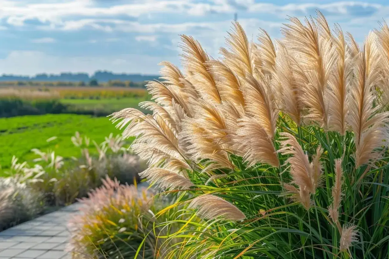 Plumes de miscanthus dorées sous le soleil, évoquant une source d'énergie renouvelable pour le chauffage individuel.