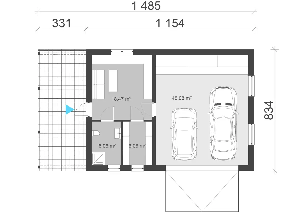 Projekt garażu na dwa auta o powierzchni 48,08 m². Obok pomieszczenie gospodarcze 18,47 m² i dwie łazienki po 6,06 m².