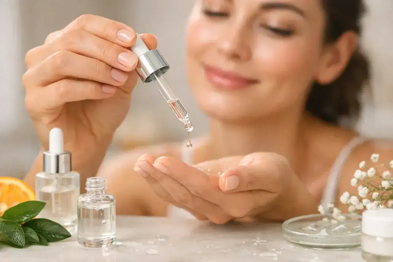 Una donna sorride mentre applica sul palmo della mano quante gocce di siero viso da un contagocce. Sul tavolo, bottigliette di siero, una fetta d'arancia e fiori.