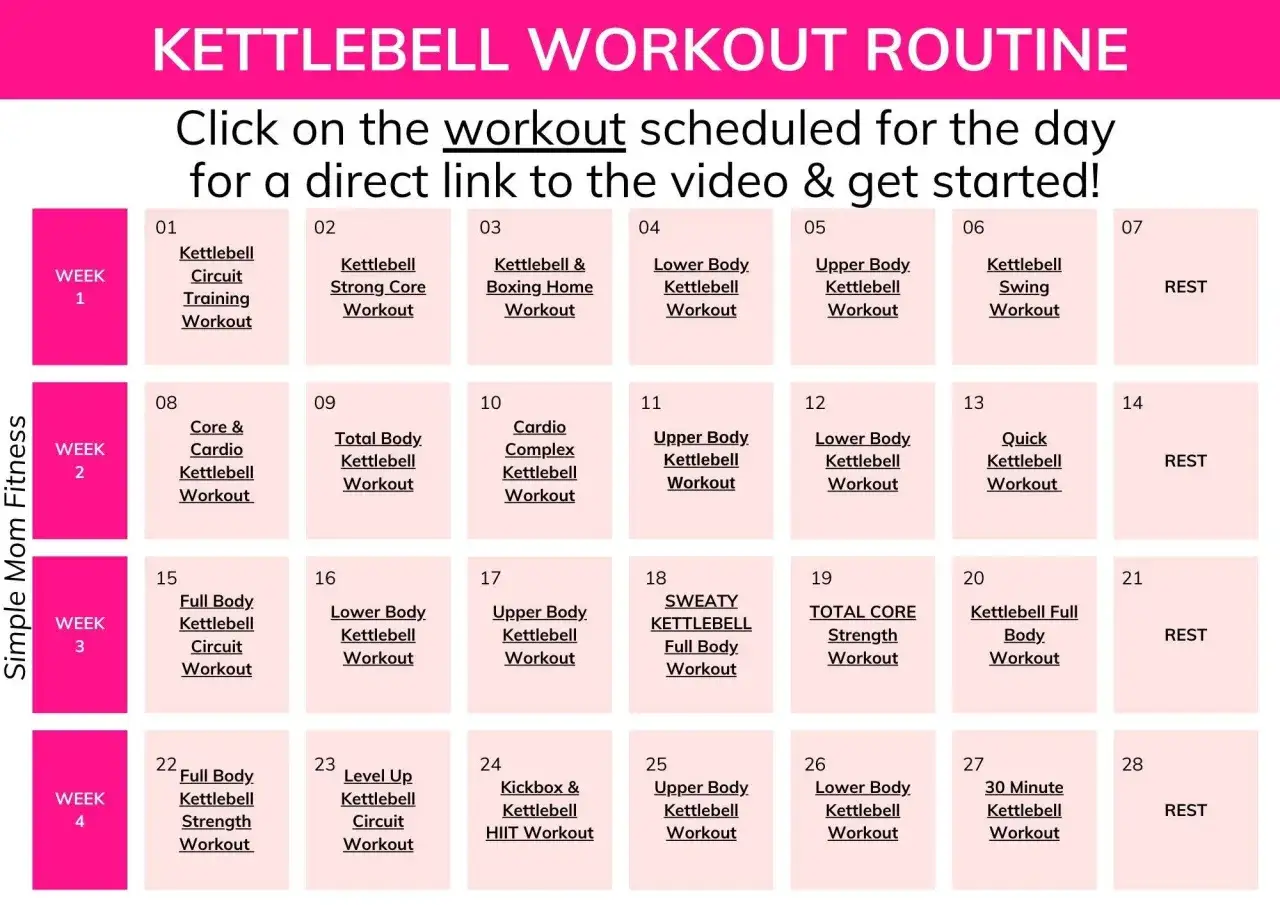 Trainiere mit diesem Kettlebell-Trainingsplan. Wähle dein tägliches Kettlebell-Workout für einen direkten Link.