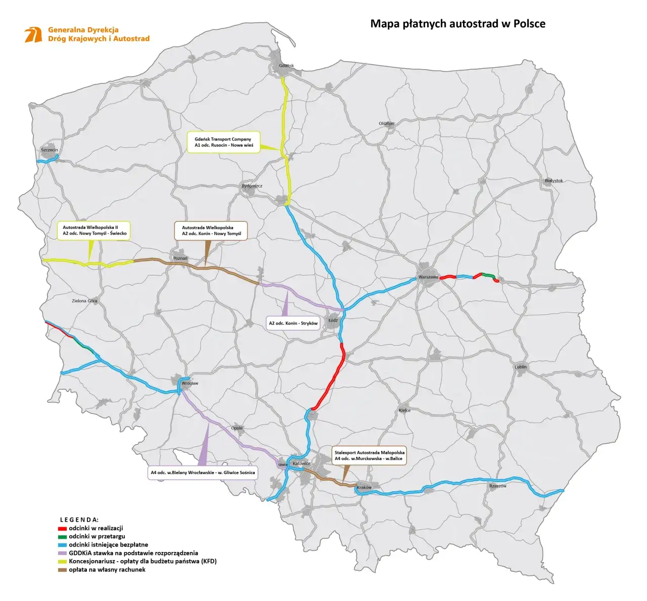 Mapa bezpłatnych odcinków A1 GDDKiA
