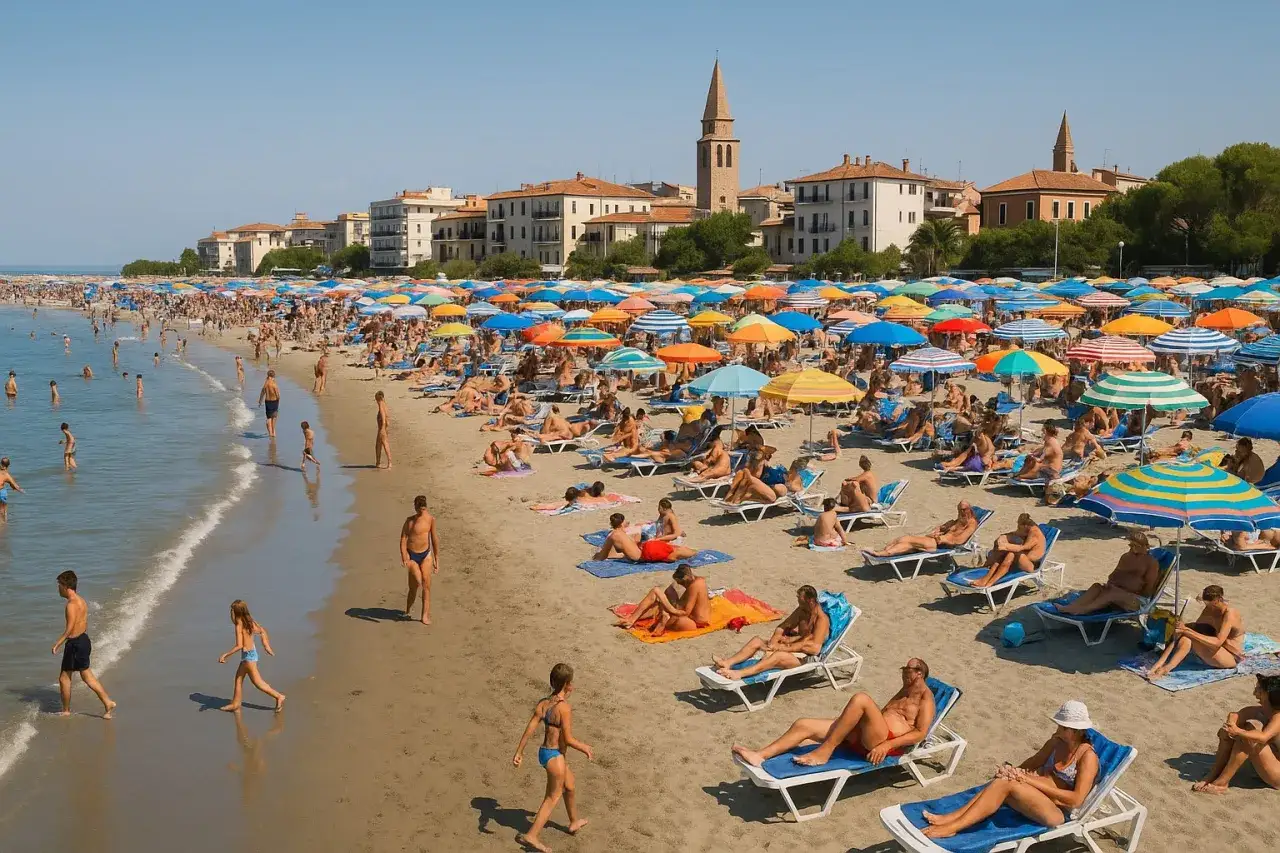 Tłum ludzi odpoczywa na plaży w Grado, Włochy, pod kolorowymi parasolami.