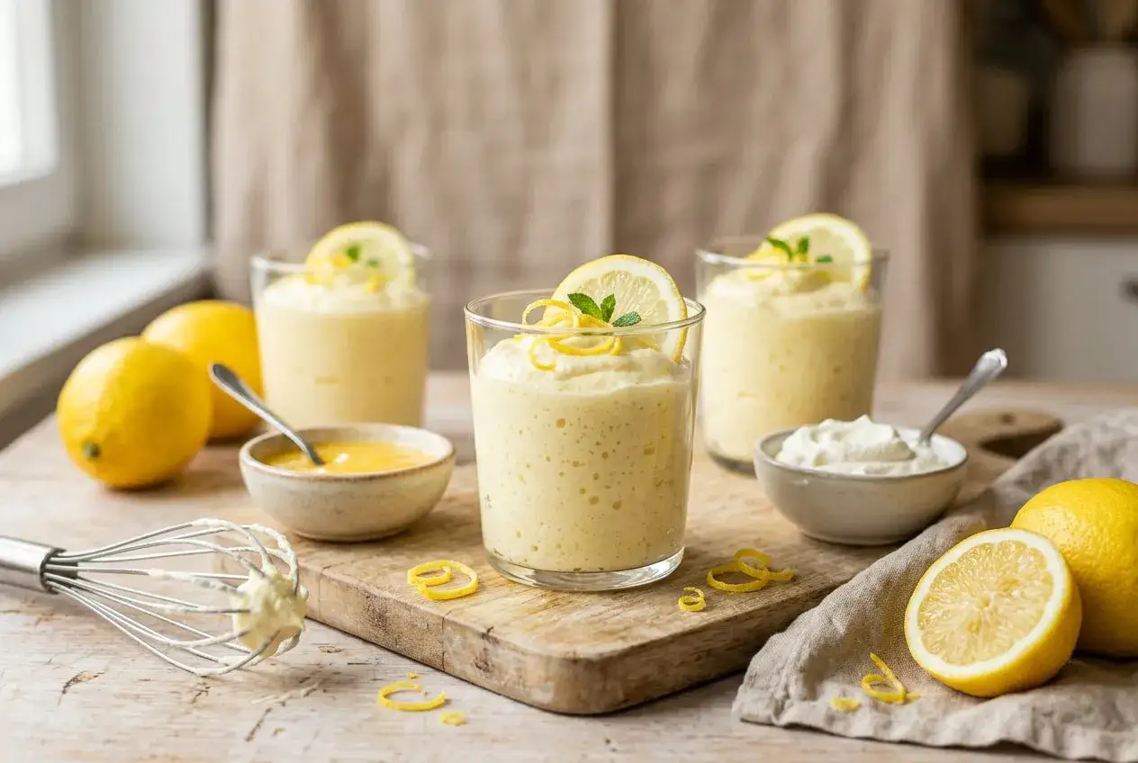 Trois verres de mousse au citron aérienne, décorés de rondelles de citron et de menthe. Des citrons frais, un fouet et des petits bols complètent cette scène gourmande.