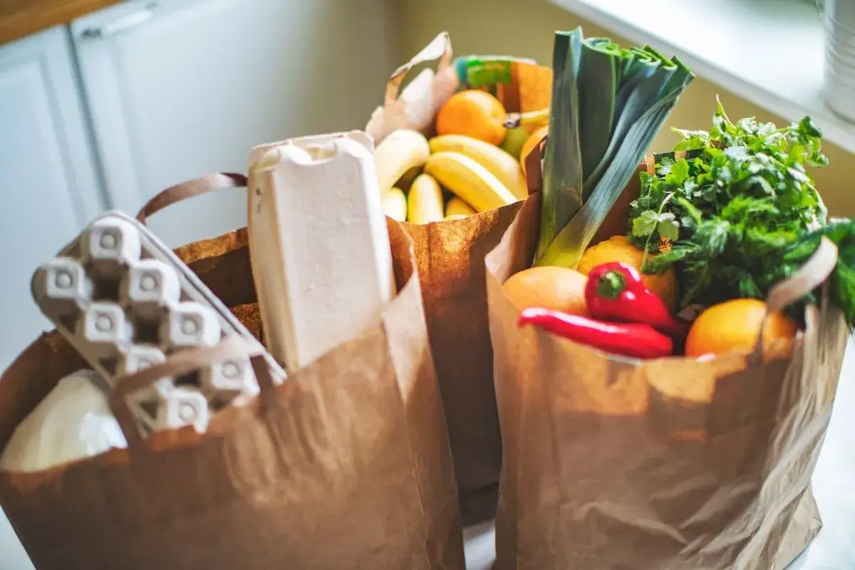Zwei Papiertüten voller frischer Lebensmittel, ideal für günstige 1 Euro Rezepte Wochenplan. Eierkartons, Bananen, Lauch und Kräuter.
