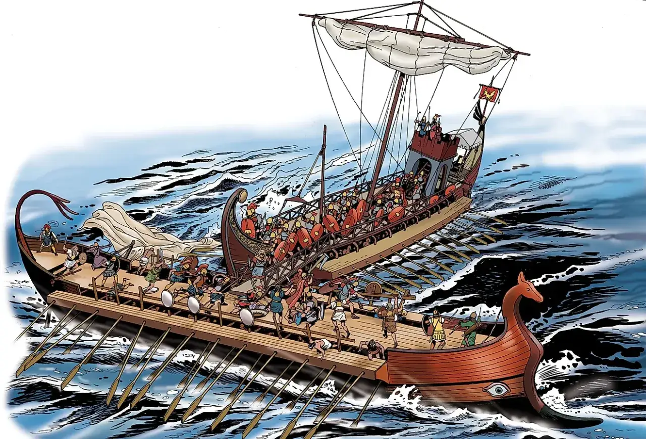 Galeones en plena batalla naval, remos en acci&oacute;n, soldados luchando en cubierta. Una escena de la batalla de Accio.